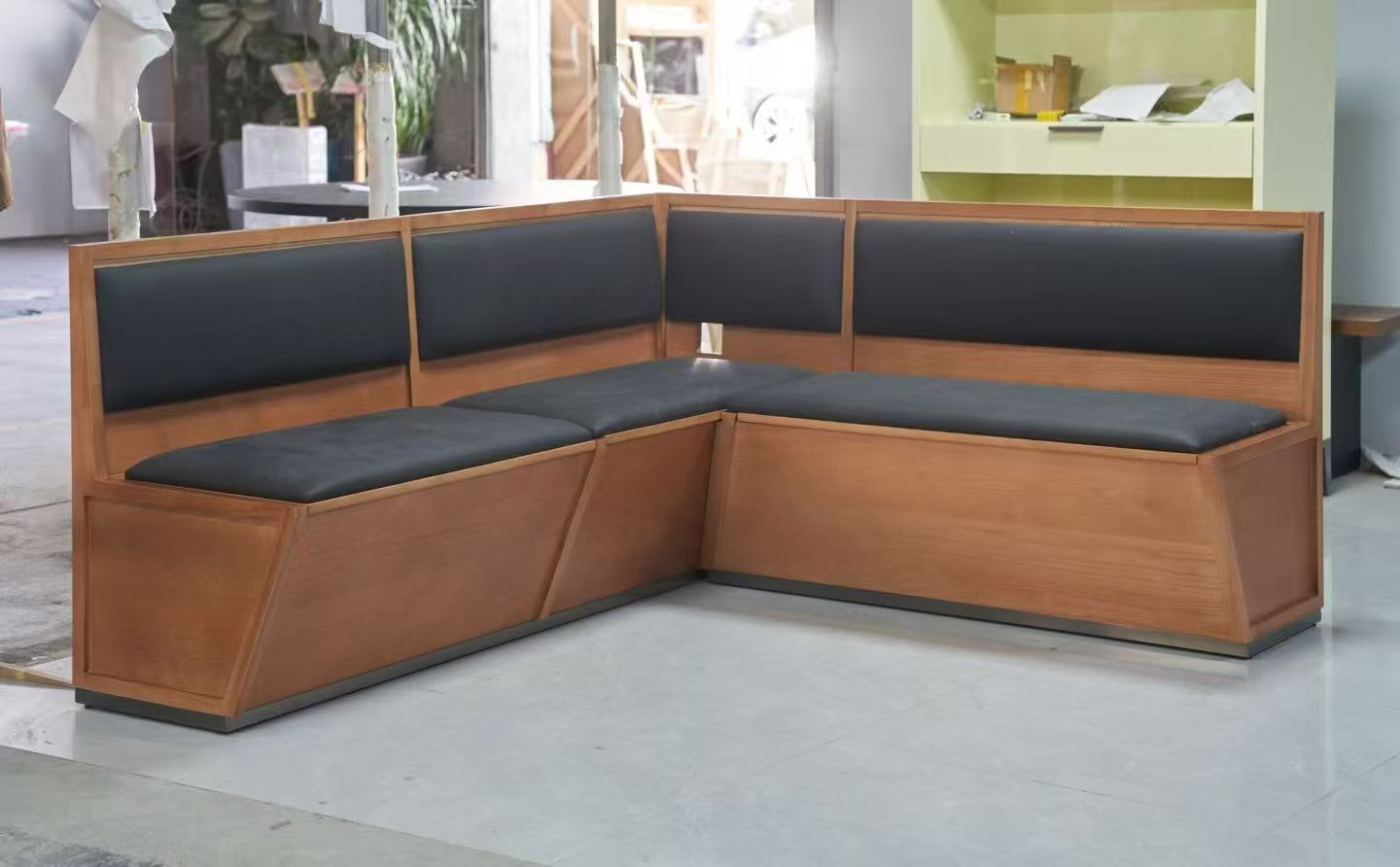 Custom timber dining banquette shown as a product and in a finished interior