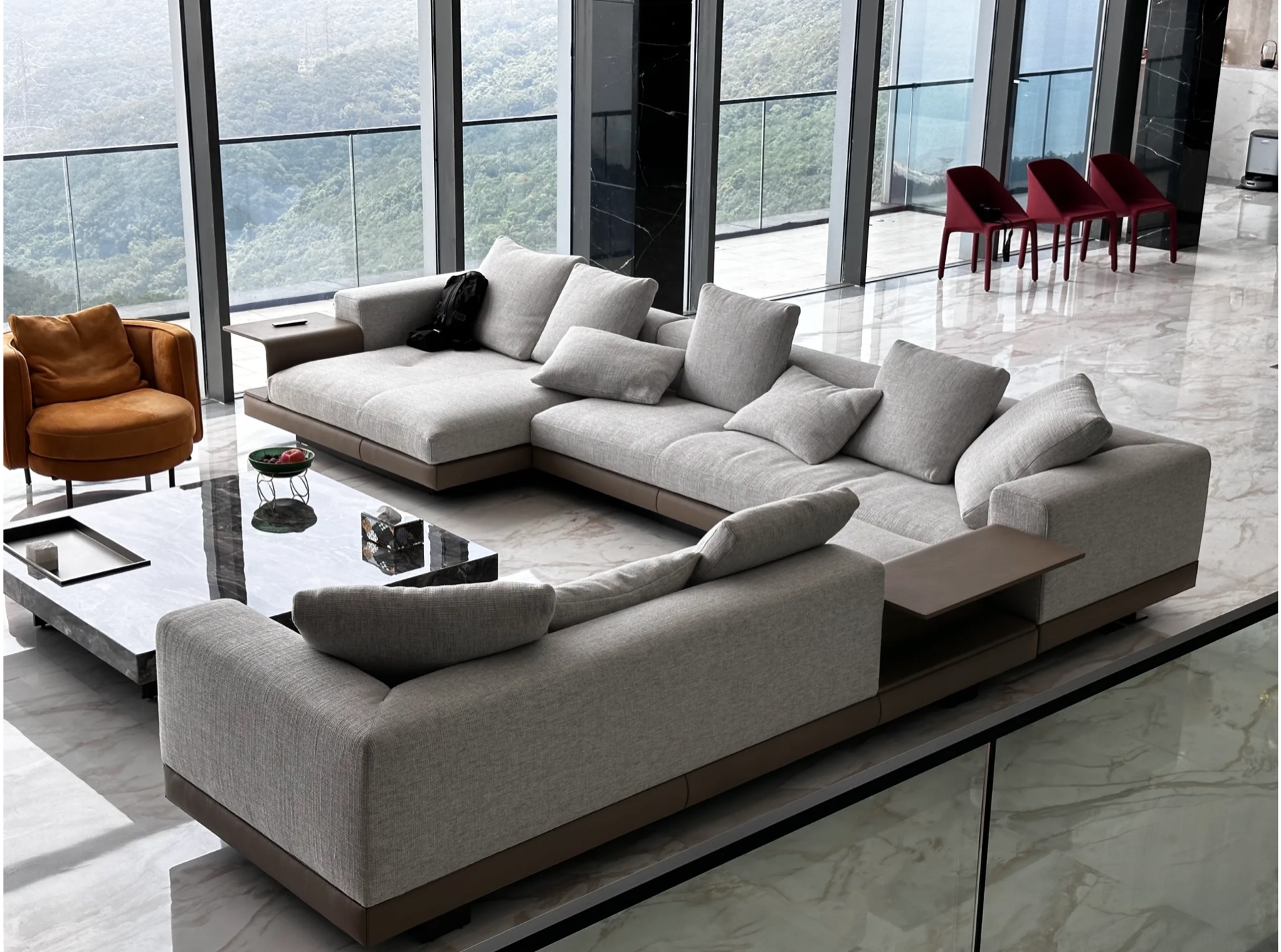 Light grey modular sofa shown as a product and in a finished residence